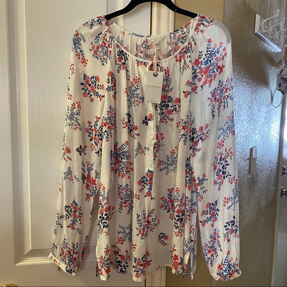 Lucky Brand Floral Keyhole Blouse Size Large